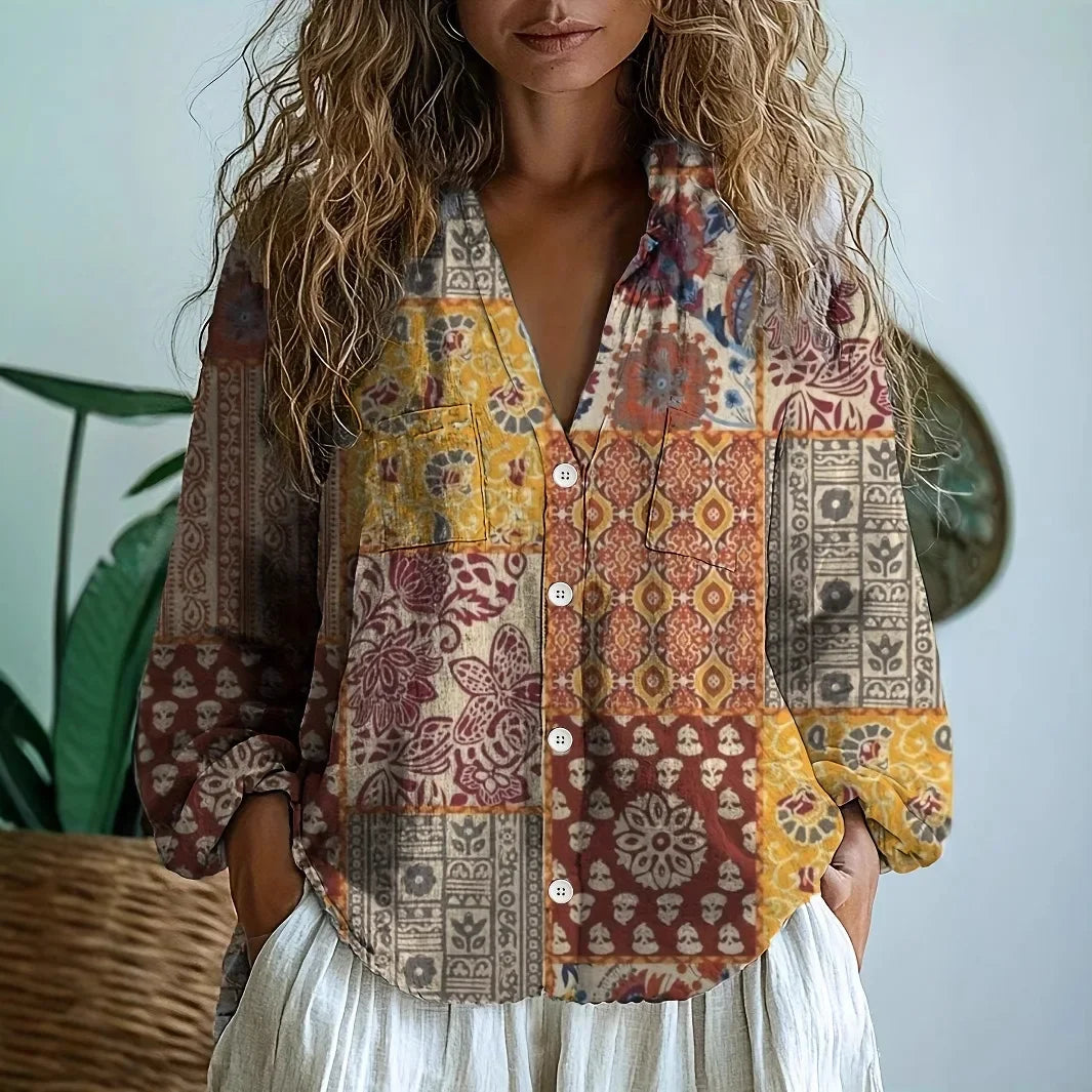 Dragonfly Print Split Neck Long Sleeve Blouse 7