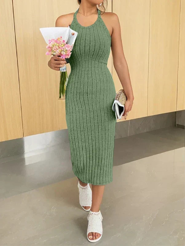 Ribbed Knit Sleeveless Crew Neck Bodycon Midi Dress - View 9