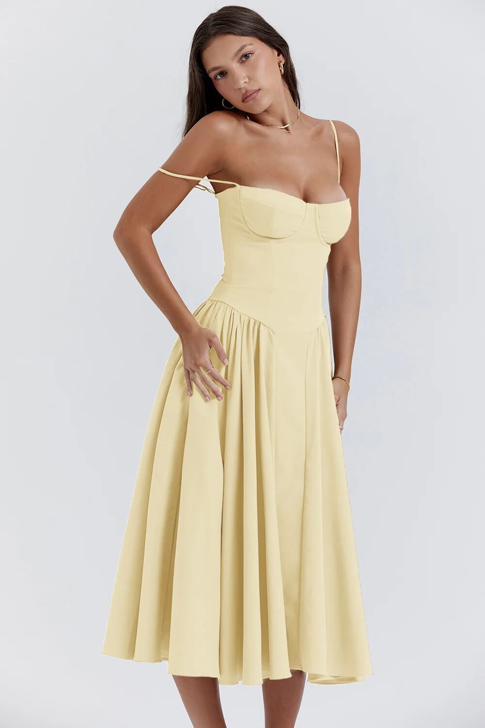 Spaghetti Strap Corset Bodice Pleated Fit and Flare Midi Dress - View 4
