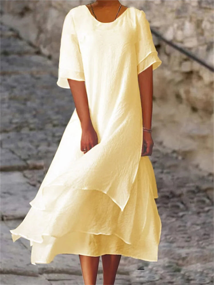 Round Neck Short Sleeve Layered Asymmetric Tiered Hem Midi Dress - View 2