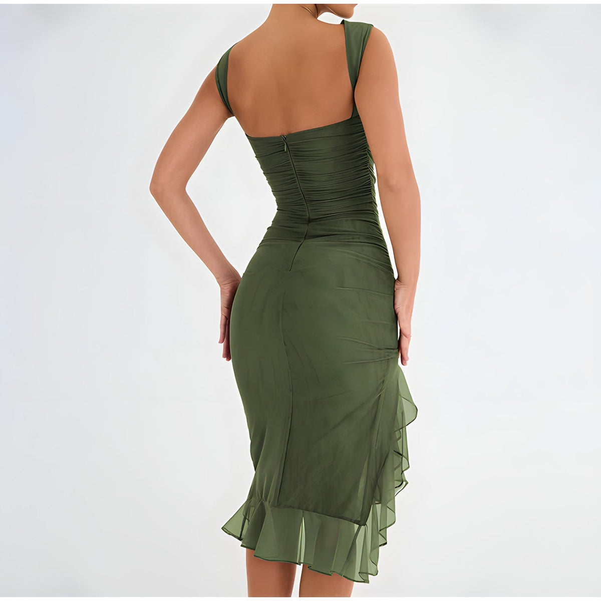 Sleeveless Crew Neck Bodycon Ruched Asymmetric Ruffle Hem Midi Dress - View 6