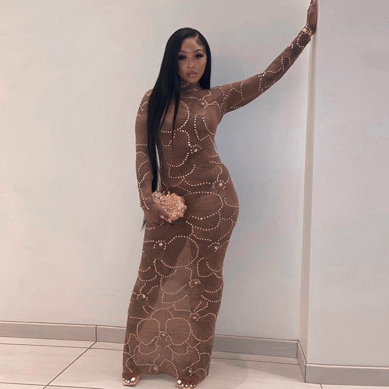 Crew Neck Long Sleeve Rhinestone Mesh Bodycon Maxi Dress 15