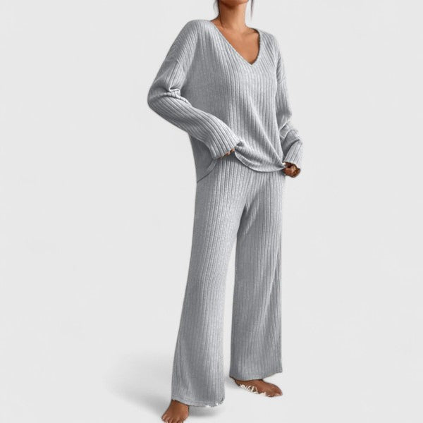 V-Neck Long Sleeve Ribbed Knit Top and Wide Leg Pants Two Piece Set 5