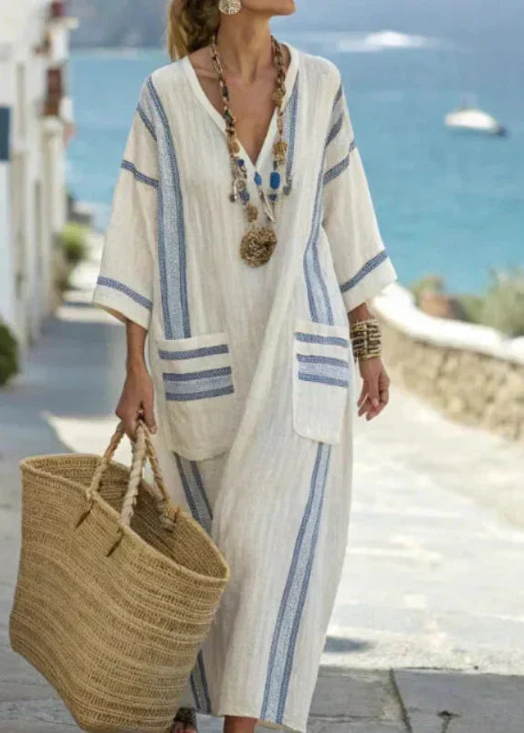 V-Neck Striped Trim Three Quarter Sleeve Beach Cover Up Kaftan 7