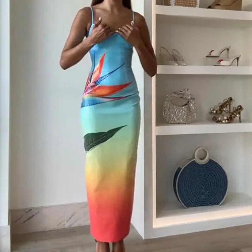 Tropical Floral Print Spaghetti Strap Bodycon Maxi Dress - View 3