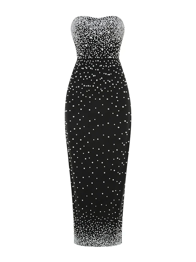 Black Strapless Pearls Beaded Embellished Maxi Dress - View 15