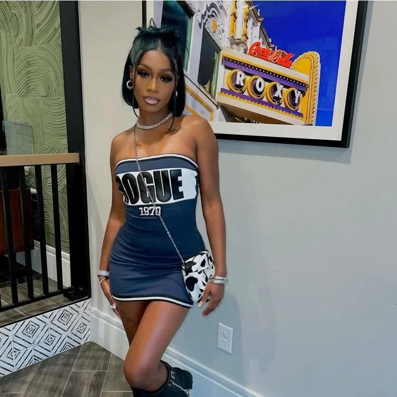 Letter Print Strapless Bodycon Mini Tube Dress - View 2