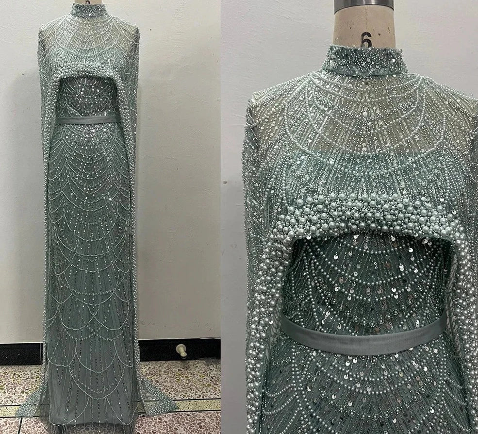 Beaded High Neck Cape Sleeve Sheer Mermaid Gown - View 12