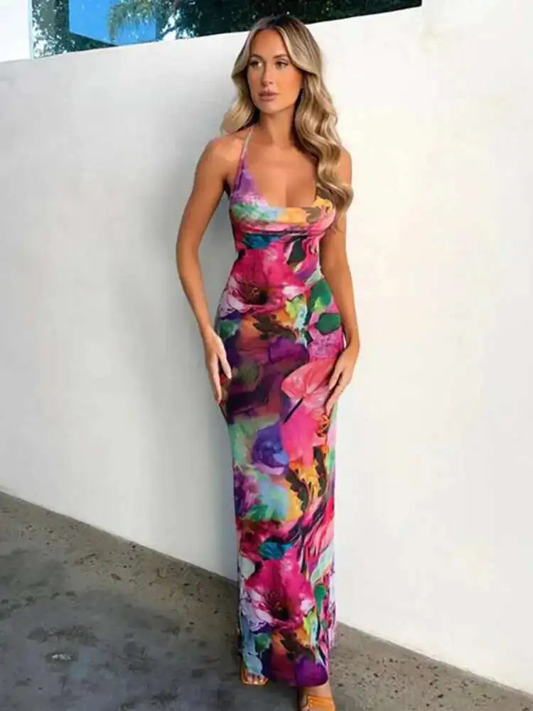 Deep V Backless Bandage Floral Dress - View 6