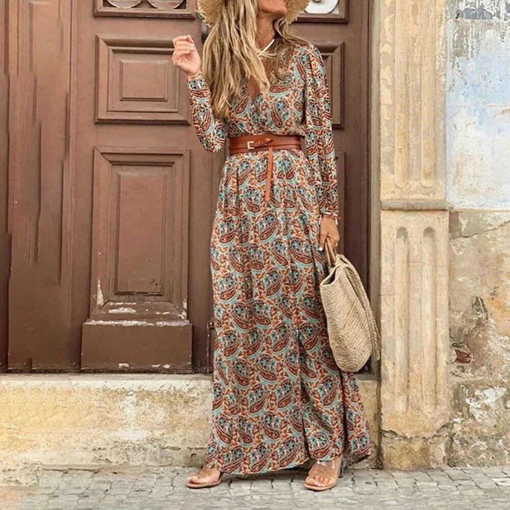 Paisley Print V-Neck Long Sleeve Flowy Maxi Dress