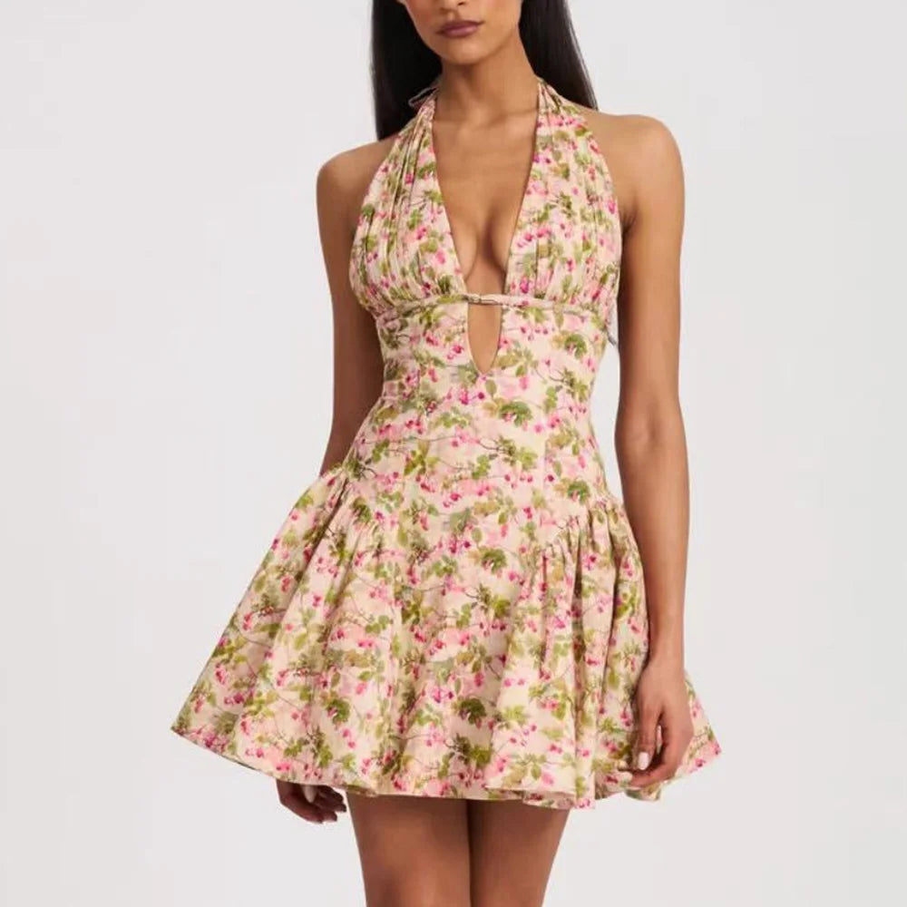 Animal Print Halter Deep V-Neck Fit and Flare Mini Dress - View 4