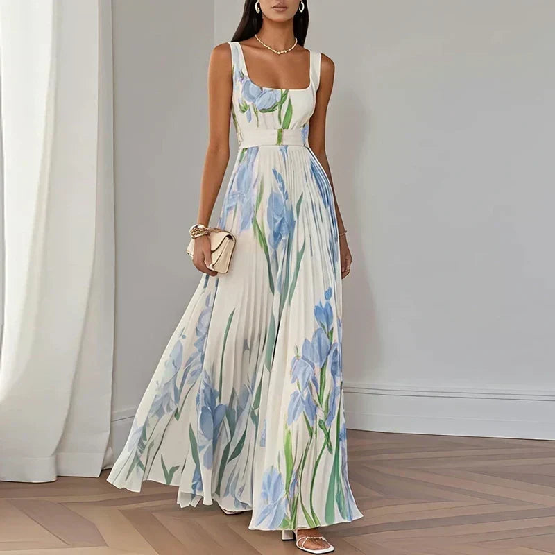 Floral Pleated Square Neck Sleeveless A-Line Maxi Dress Wedding Guest 3
