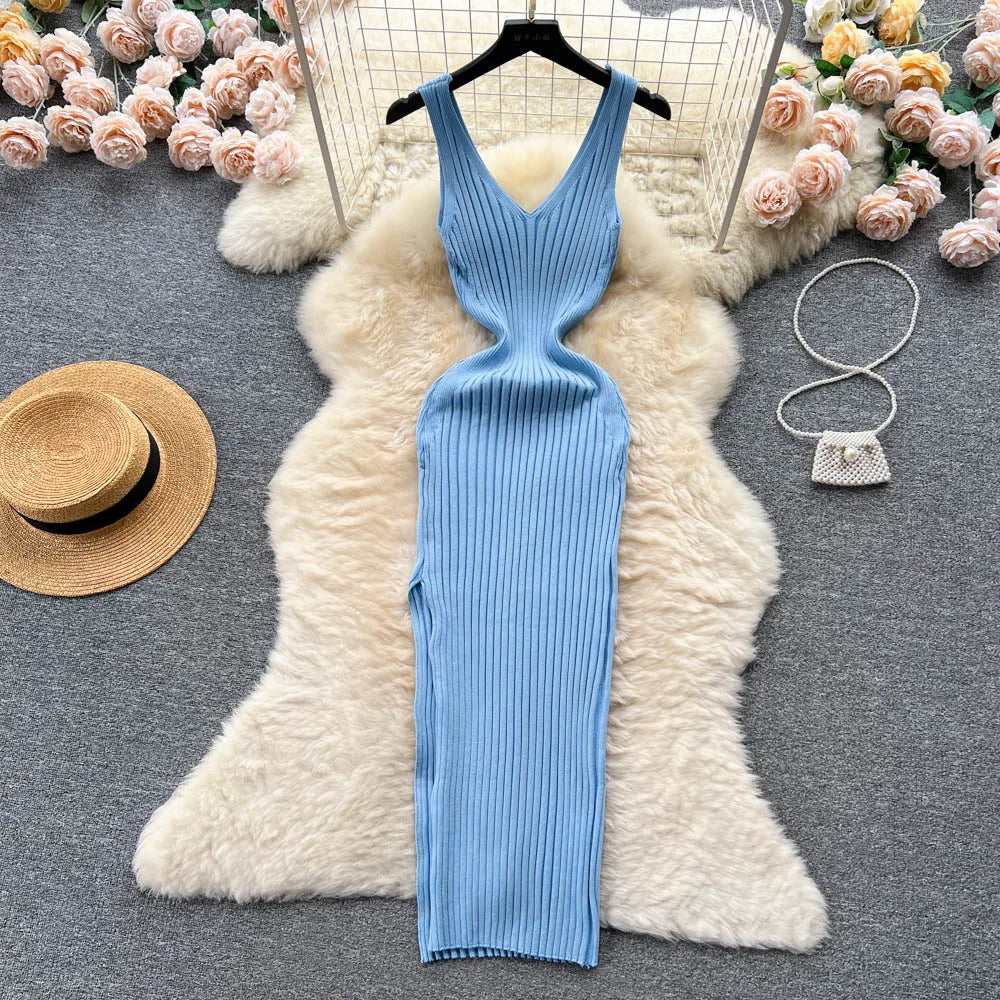 Ribbed Knit V-Neck Sleeveless Cut Out High Split Bodycon Maxi Dress - View 5