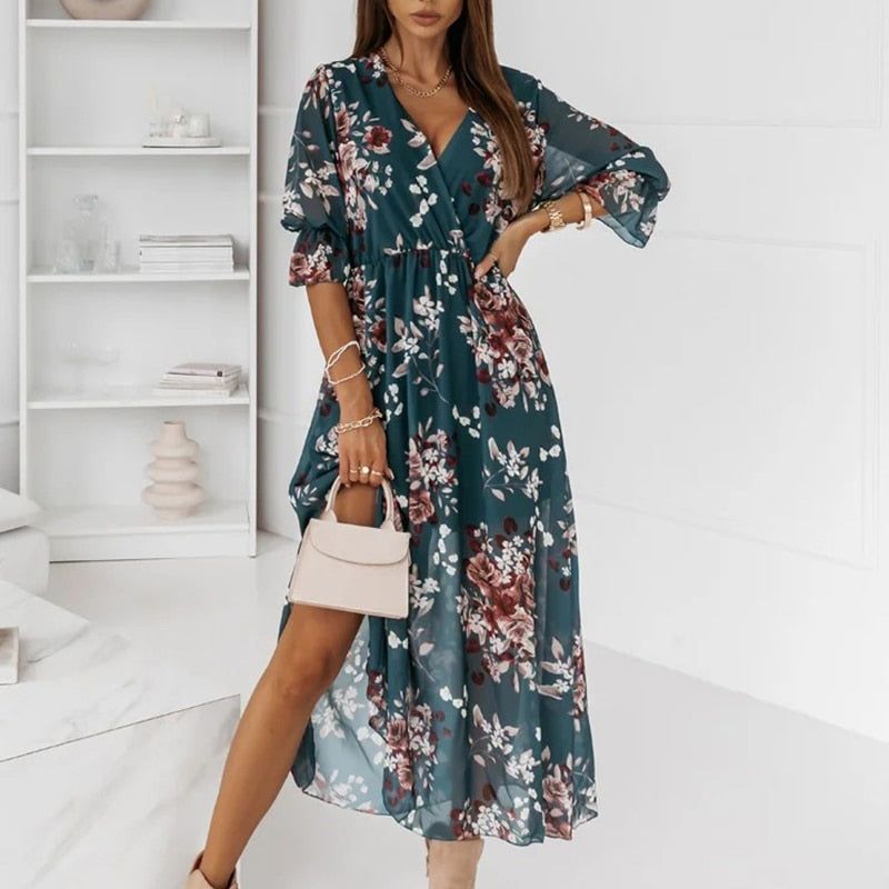 Marble Print Deep V-Neck Bishop Sleeve High Split Wrap Maxi Dress - View 2
