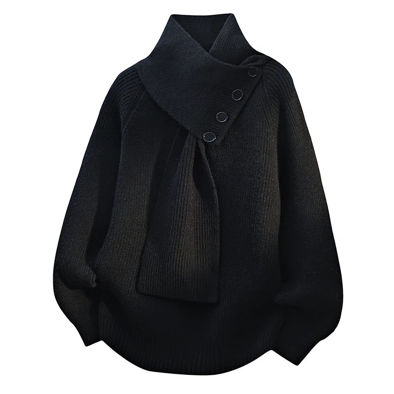Scarf Neck Button Detail Long Sleeve Knit Sweater 5