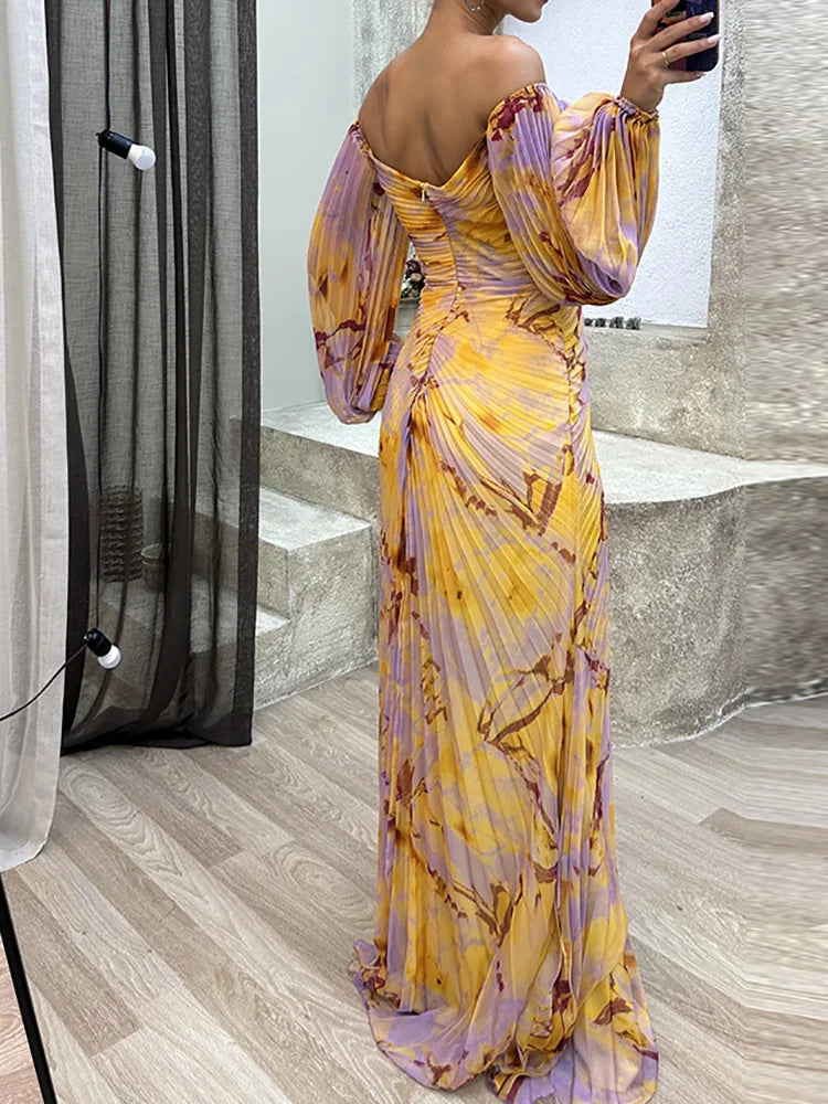 Off Shoulder Sweetheart Neck Bishop Sleeve Beaded Maxi Gown - View 3