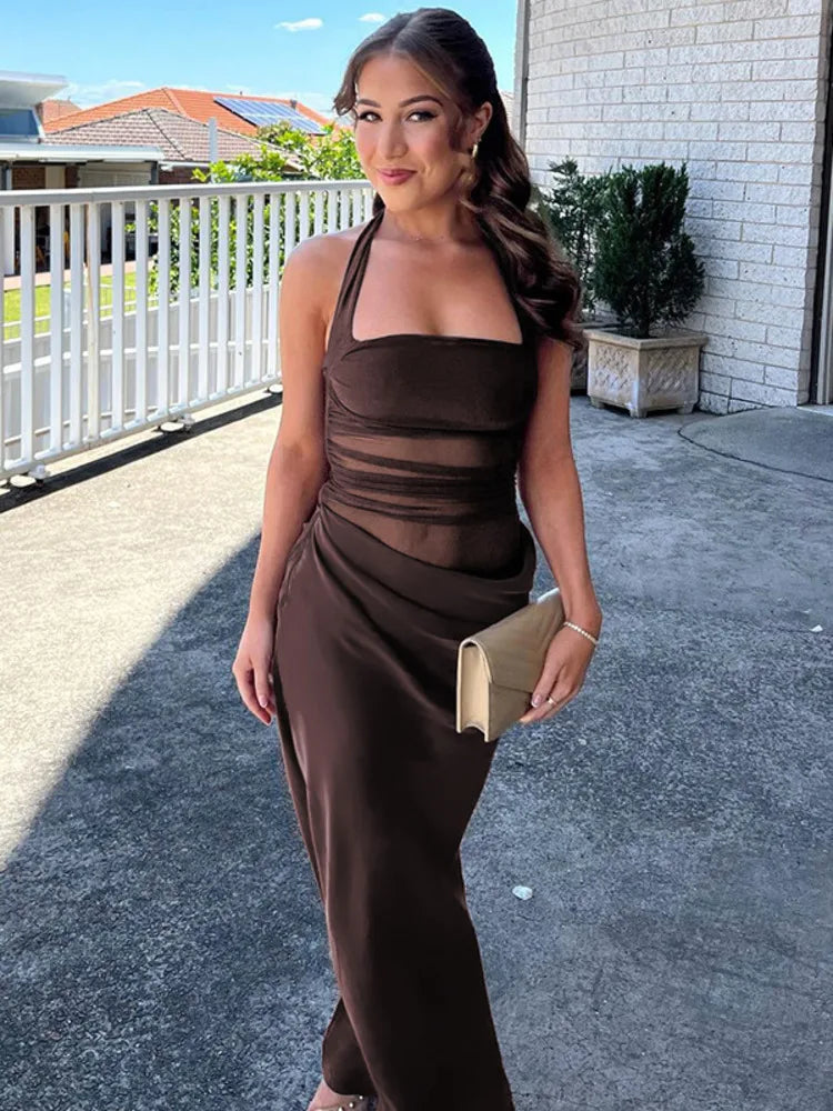 Mesh Halter Neck Backless Ruched Bodycon Maxi Dress 28