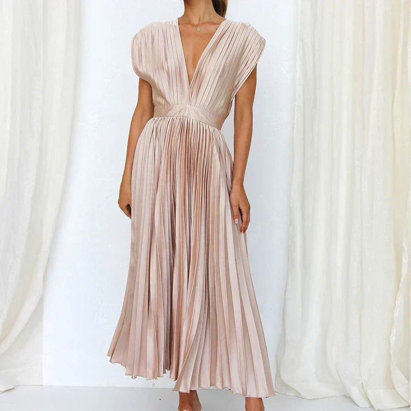 Deep V-Neck Cap Sleeve Pleated Flared Midi Dress 2