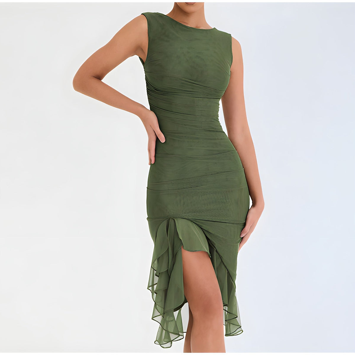 Sleeveless Crew Neck Bodycon Ruched Asymmetric Ruffle Hem Midi Dress - View 4