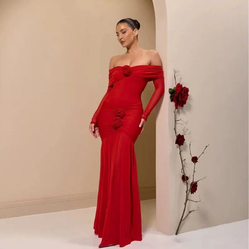 Off Shoulder Long Sleeve Rosette Mermaid Gown - View 2