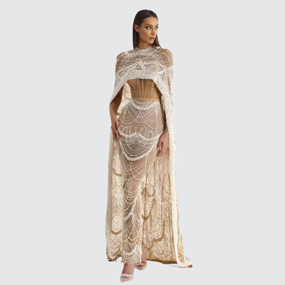 Beaded High Neck Cape Sleeve Sheer Mermaid Gown - View 5