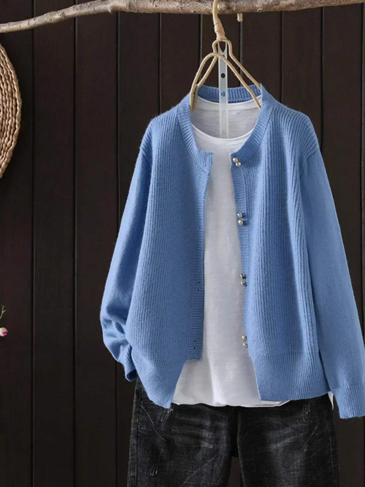 Crew Neck Button Front Ribbed Knit Cardigan 2