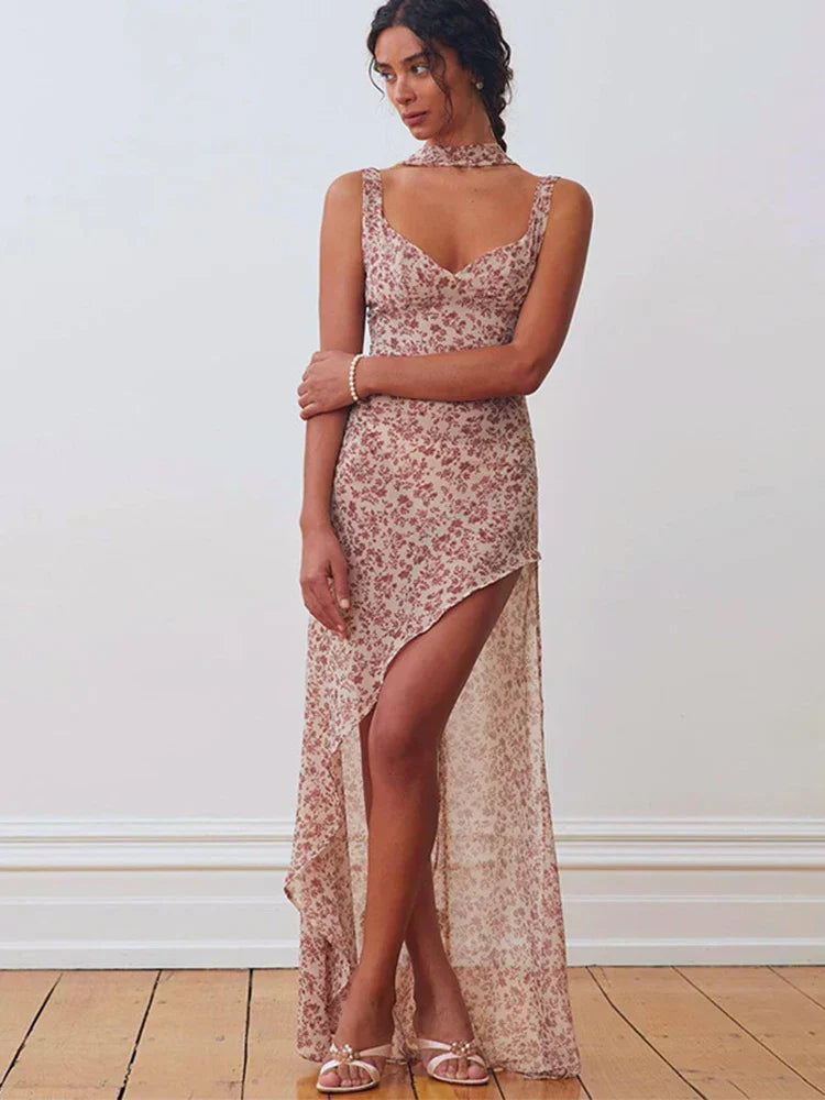 Halter Neck Tie Back Backless Floral Chiffon Maxi Dress - View 3