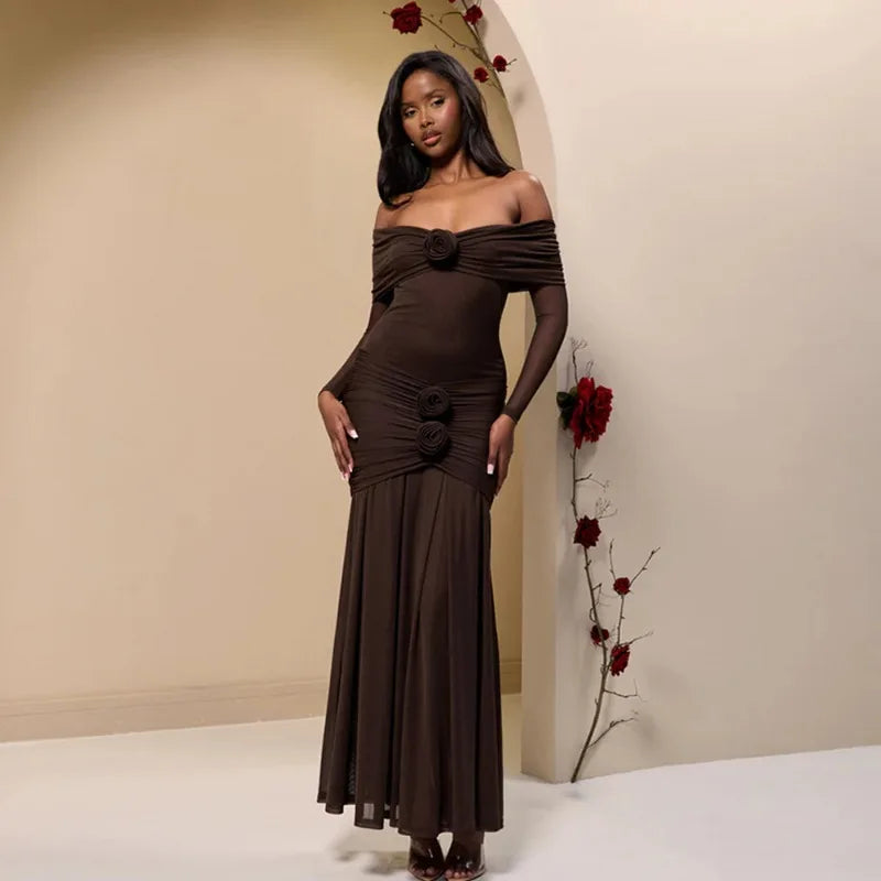 Off Shoulder Long Sleeve Rosette Mermaid Gown - View 8
