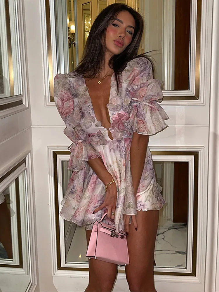 Floral Print Deep V-Neck Puff Sleeve Ruffle Fit and Flare Mini Dress - View 5