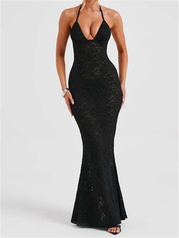 Off-Shoulder Deep V-Neck Lace Sheer Mesh Dress