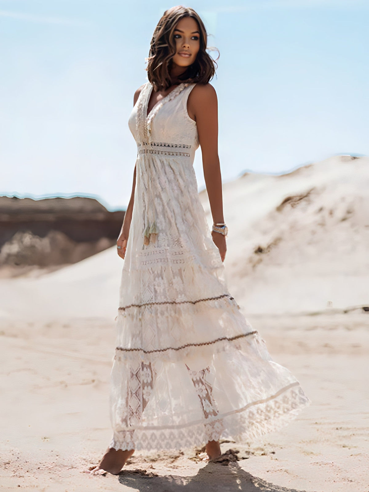 Lace Embroidered Deep V-Neck Tassel Crochet Panel Maxi Dress - View 2