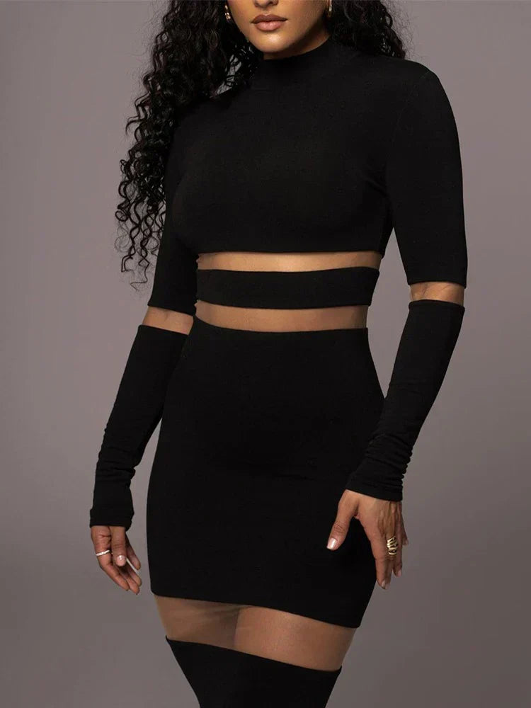 Mesh Panel Mock Neck Elbow Cut Out Long Sleeve Bodycon Midi Dress - View 5