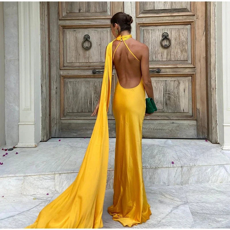 Yellow Satin Backless Lace - Up Off - Shoulder Maxi Dress - View 5