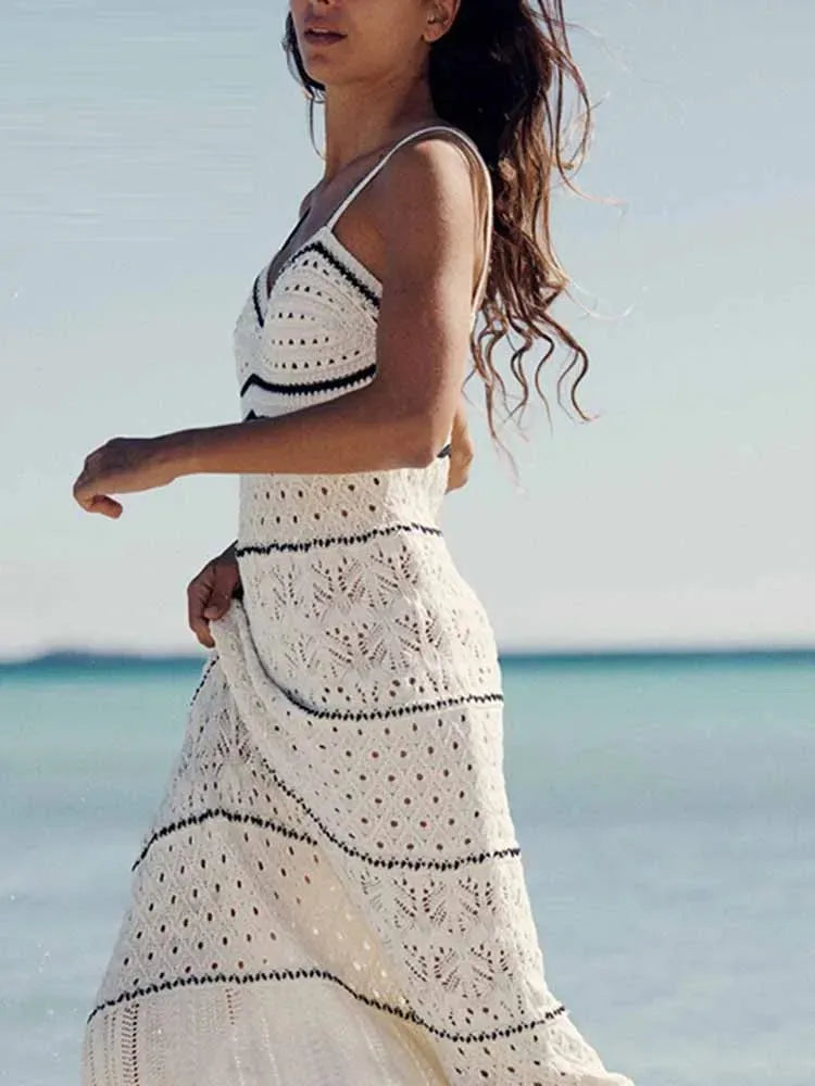 Crochet Striped Spaghetti Strap V-Neck Pointelle Bodycon Maxi Dress - View 2