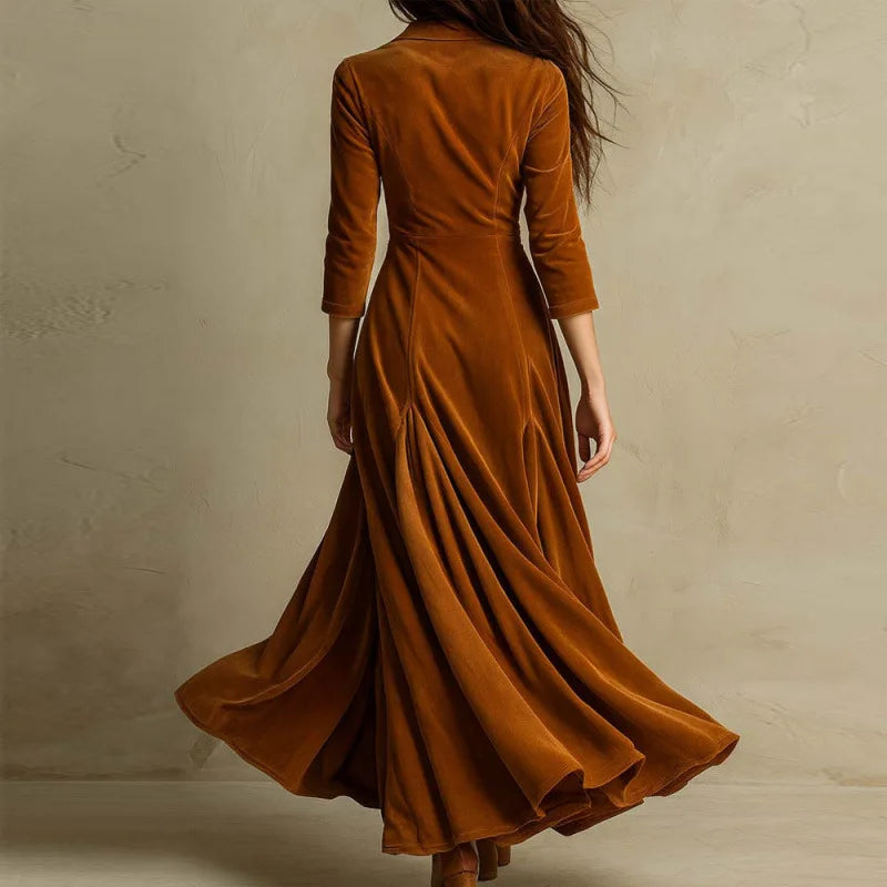 Velvet Deep V-Neck Button Front Three Quarter Sleeve Pleated Maxi Gown - View 2