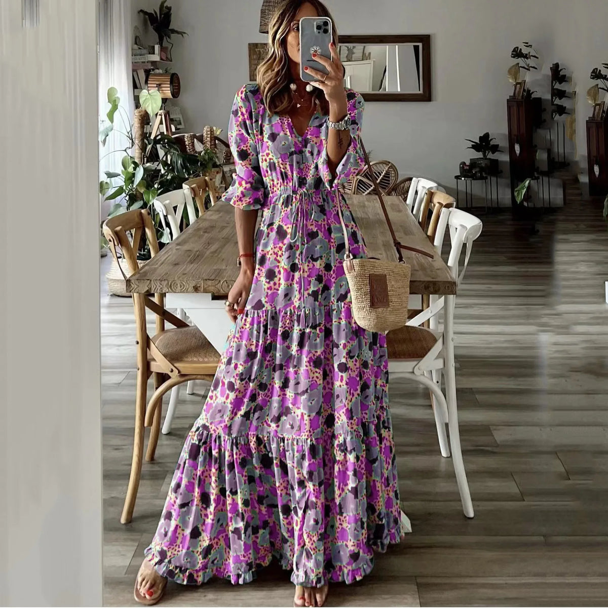 Printed Lace Up Swing Maxi Dress - View 6