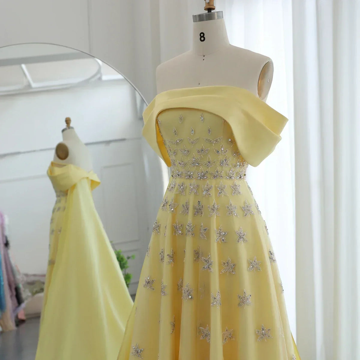 Off Shoulder Rhinestone Floral Beaded Tulle Cape A-Line Maxi Gown - View 5