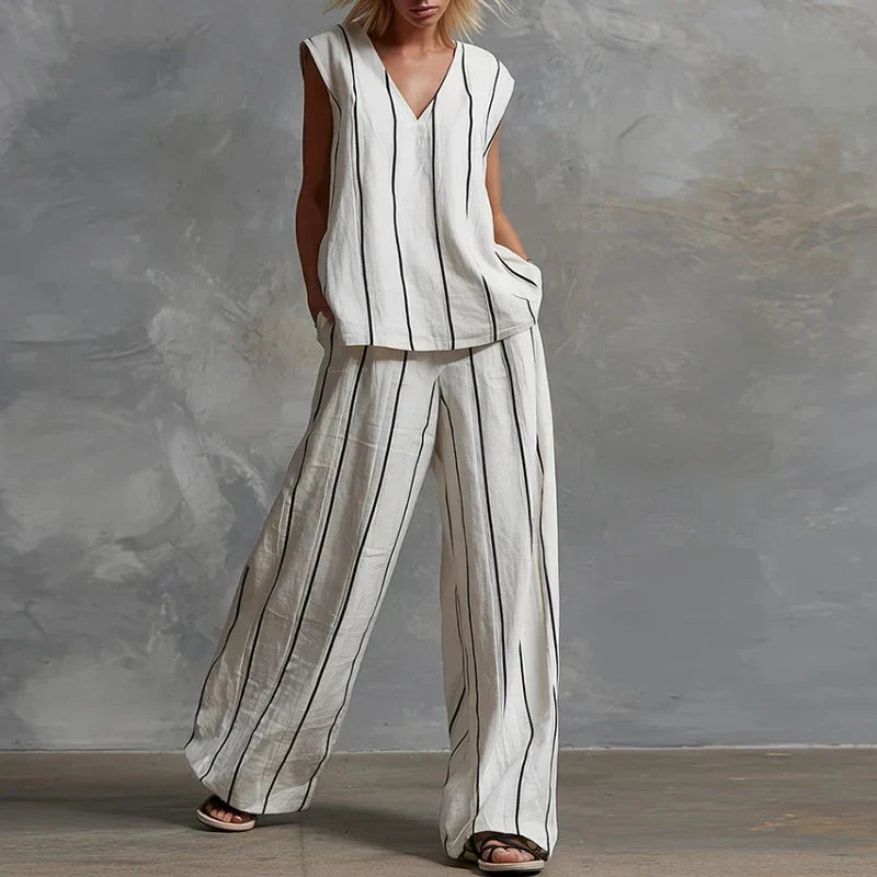 Striped V-Neck Sleeveless Top and Wide Leg Pants Two Piece Set