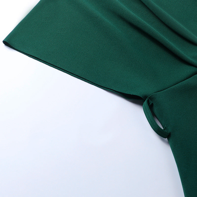 Satin Deep V-Neck Batwing Sleeve Belted Bodycon Midi Dress 44