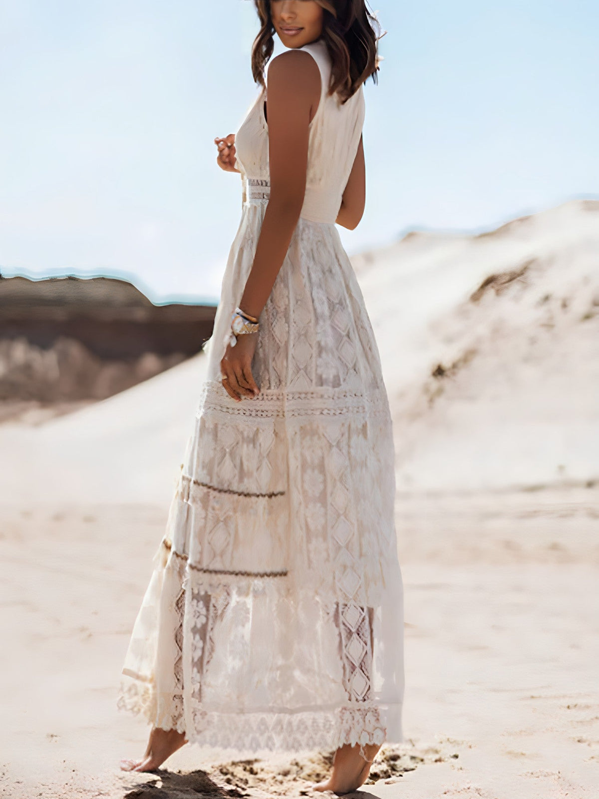Lace Embroidered Deep V-Neck Tassel Crochet Panel Maxi Dress - View 3