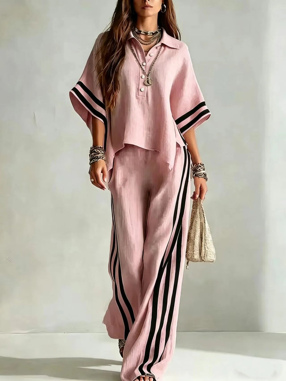 Collared Short Sleeve Top and Side Stripe Wide Leg Pants Two Piece Set 9