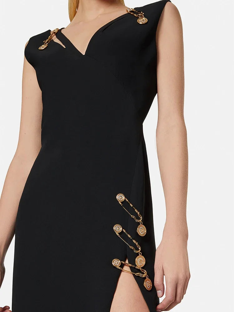 Medallion Safety Pin Sleeveless V-Neck Wrap Bandage Midi Dress - View 10