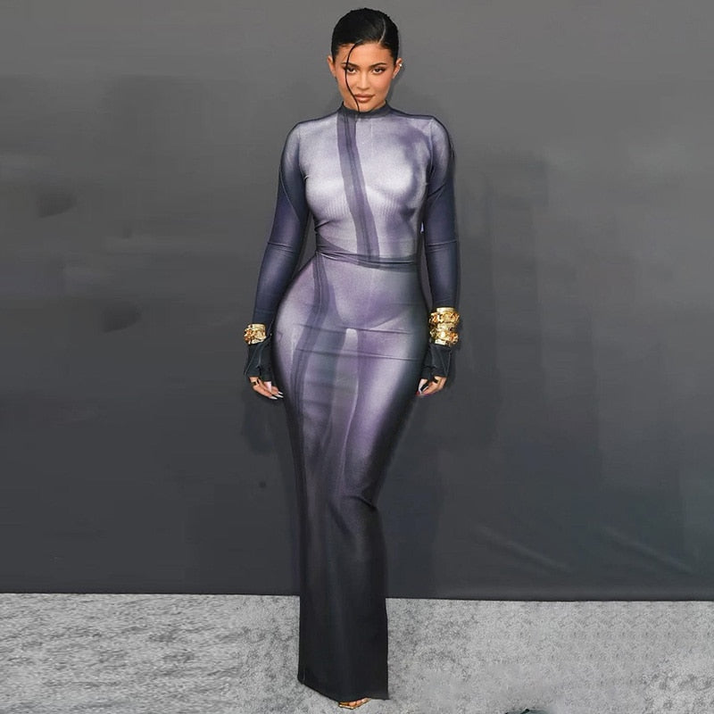Mock Neck Long Sleeve Body Print Bodycon Maxi Dress