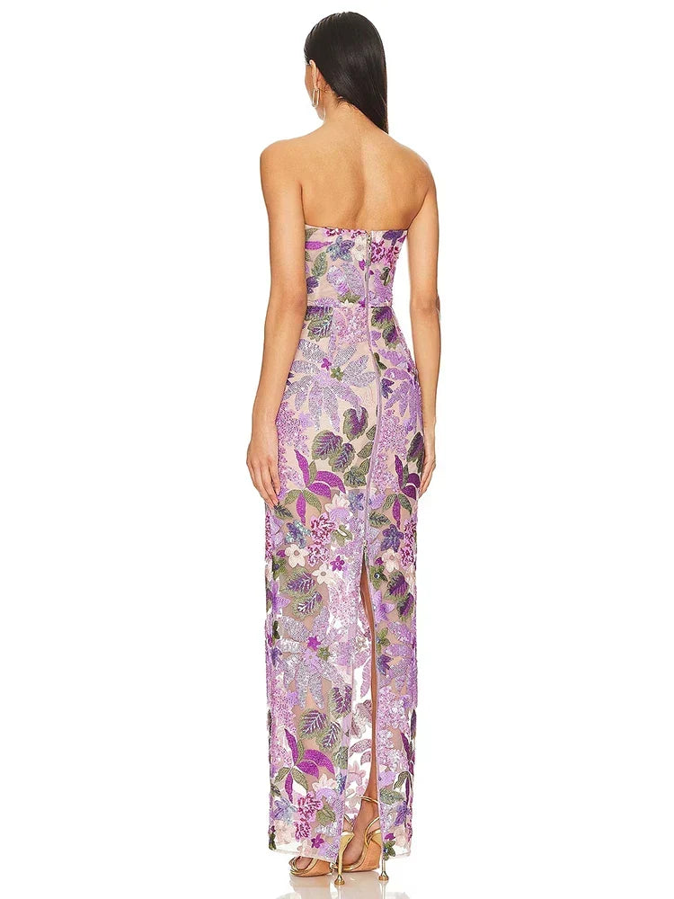 Floral Sequin Strapless Bustier Column Maxi Dress - View 4