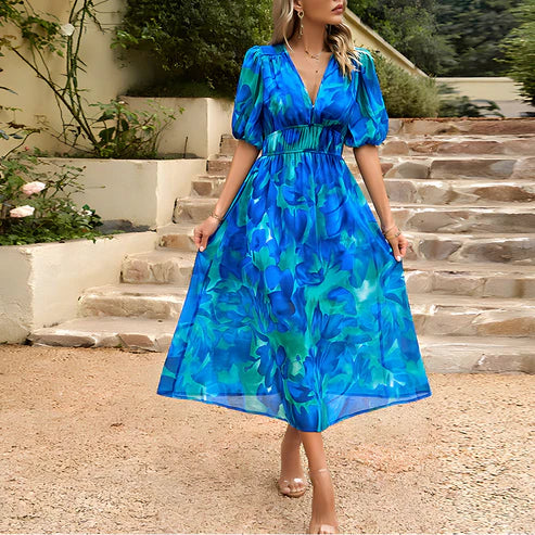 Floral V-Neck Puff Sleeve Ruched Waist A-Line Midi Dress