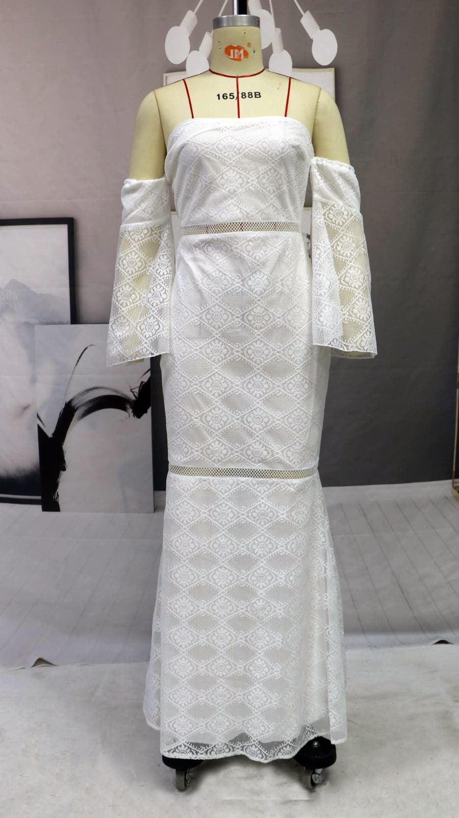 Off Shoulder Lace Bell Sleeve Mermaid Lace Trim Formal Gown - View 6