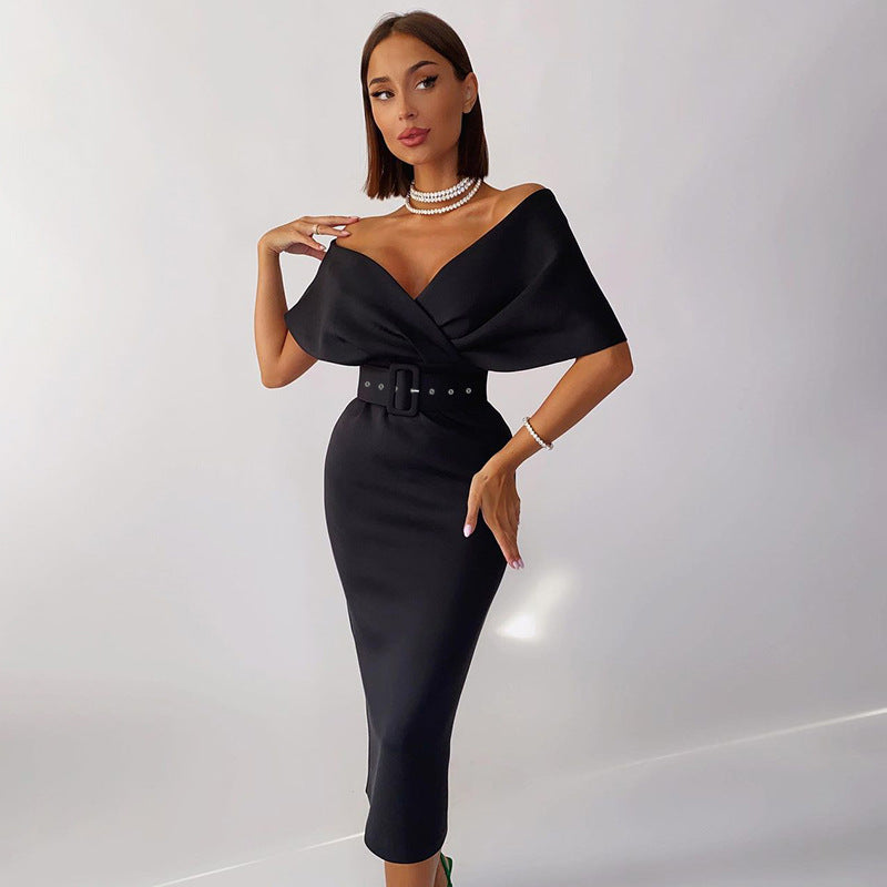 Satin Deep V-Neck Batwing Sleeve Belted Bodycon Midi Dress 29