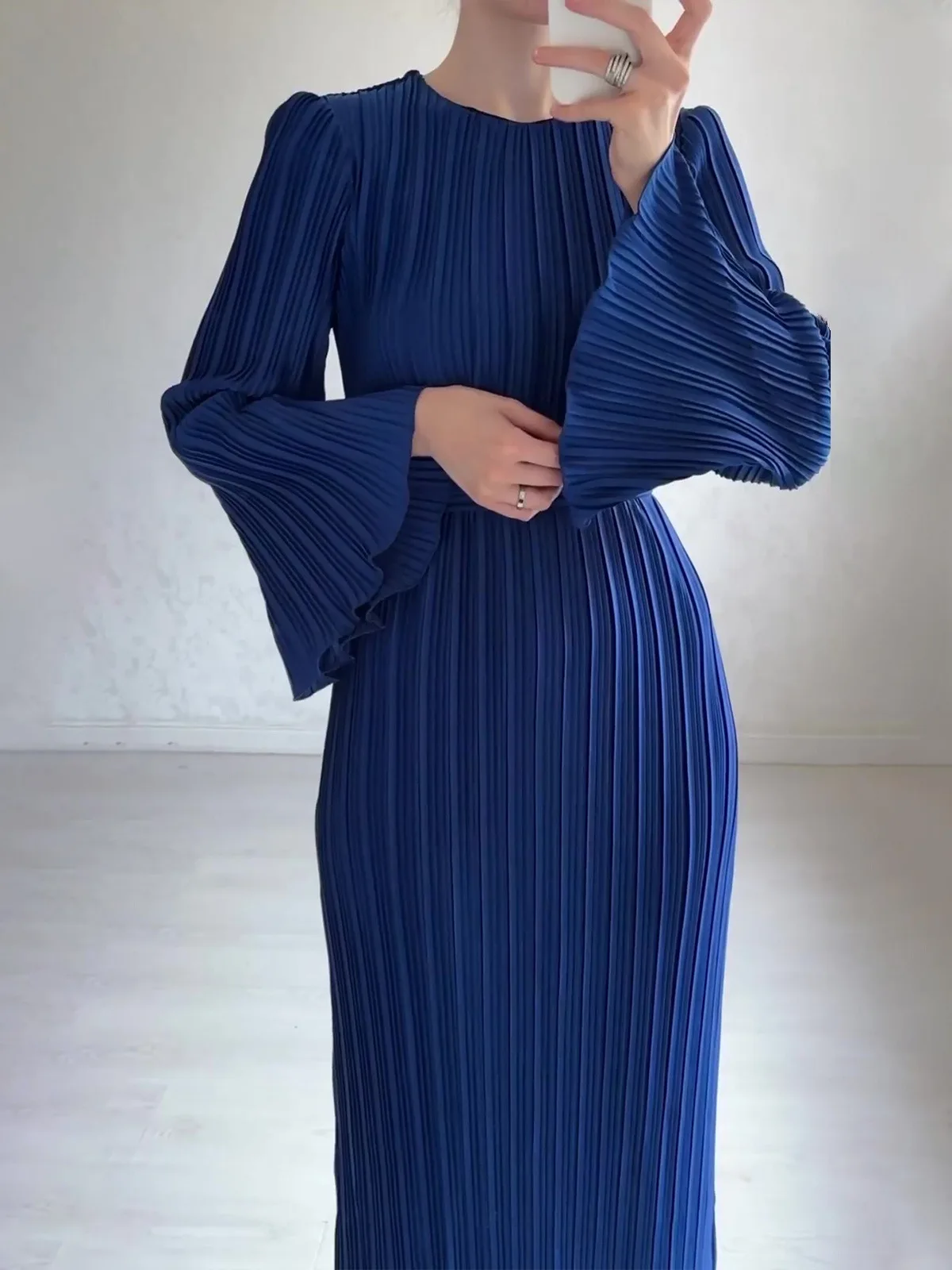 Plissé Pleated Long Sleeve Ruffle Cuff High Neck Bodycon Maxi Dress - View 6