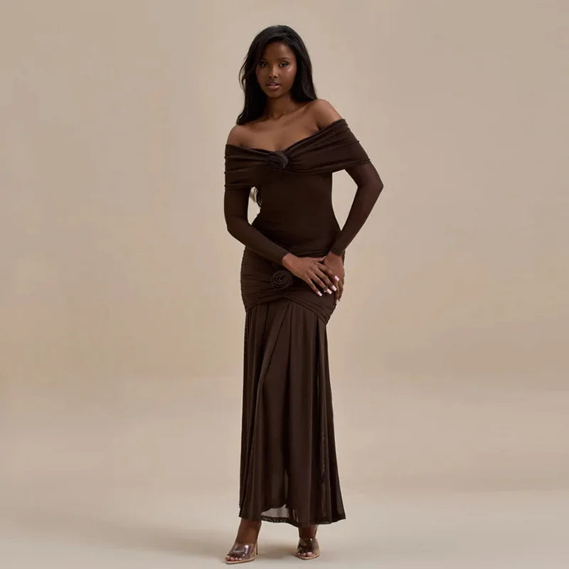 Off Shoulder Long Sleeve Rosette Mermaid Gown - View 12
