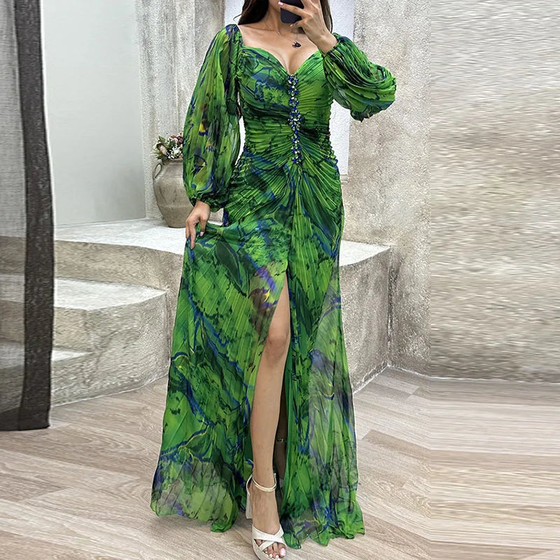 Off Shoulder Deep V-Neck Puff Sleeve Rhinestone Maxi Gown - View 3